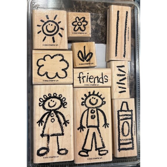 Stampin Up Definitely Decorative Crayon Kids Wood mounted Rubber Stamp Set of 10 - Picture 1 of 5
